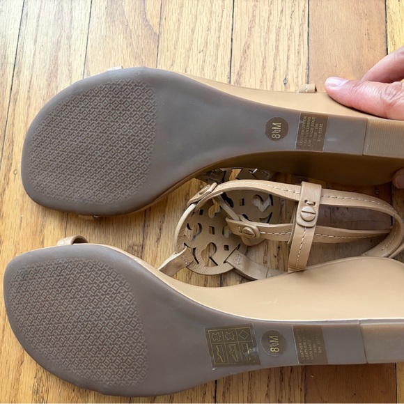 Tory Burch Miller 60MM Wedge - Beige T-Strap Leather Sandals with Logo Medallion - Picture 5 of 11